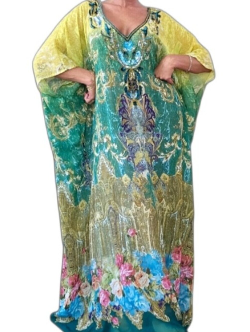 Baroque Sequin Plus Size Caftan Kaftan Green Blue Pink Lightweight